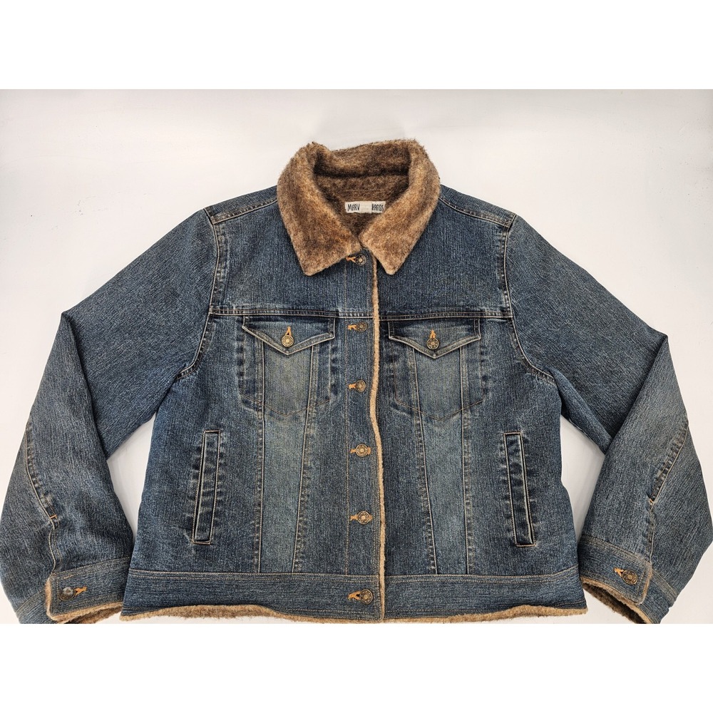 Marvin Richards Women Denim Jean Faux‎ Fur Lined Heavy Jacket Pockets Sz XL